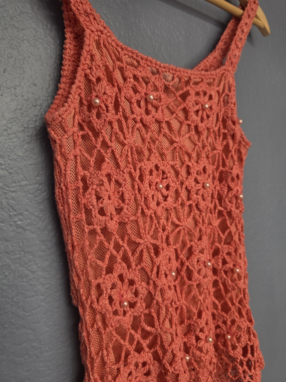 Lulumari Coral Crochet Floral Tank with Pearl Detail